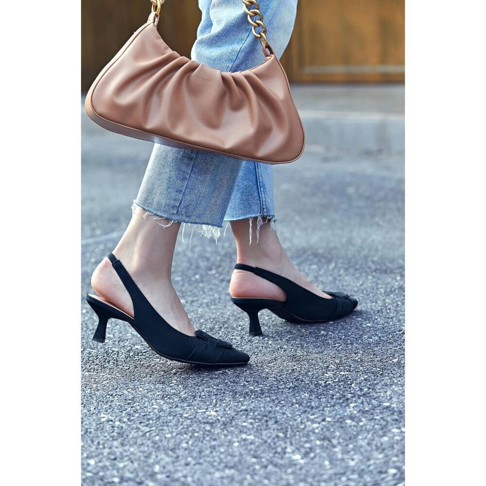 Women's Navy Blue Sling Back Kitten Heel Pointed Closed Toe Comfortable Sandal - Picture 3 of 6